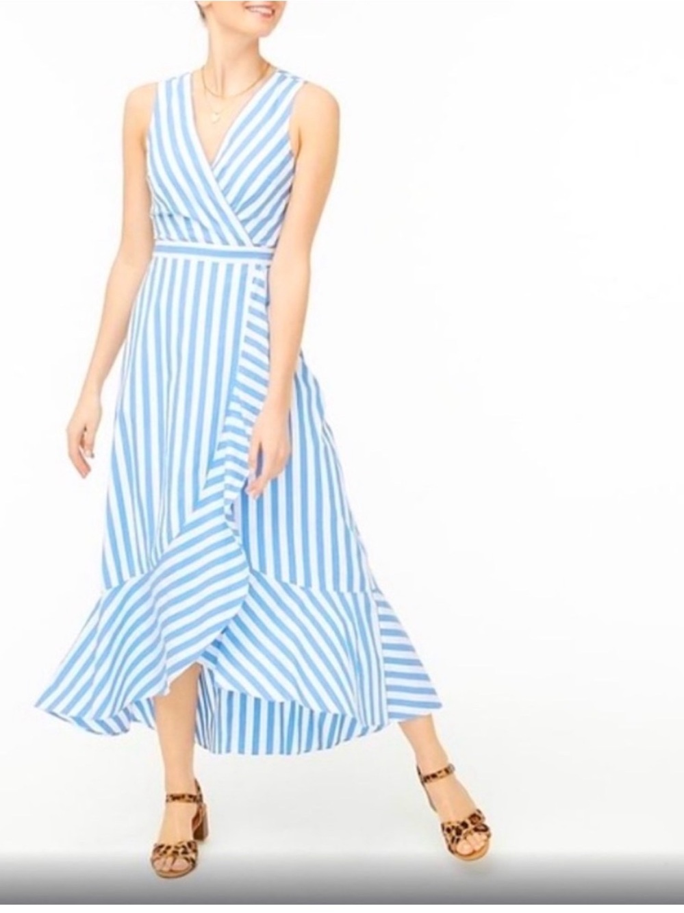 J Crew blue striped long nautical tiered faux leather wrap maxi dress, size 2 - Picture 2 of 11